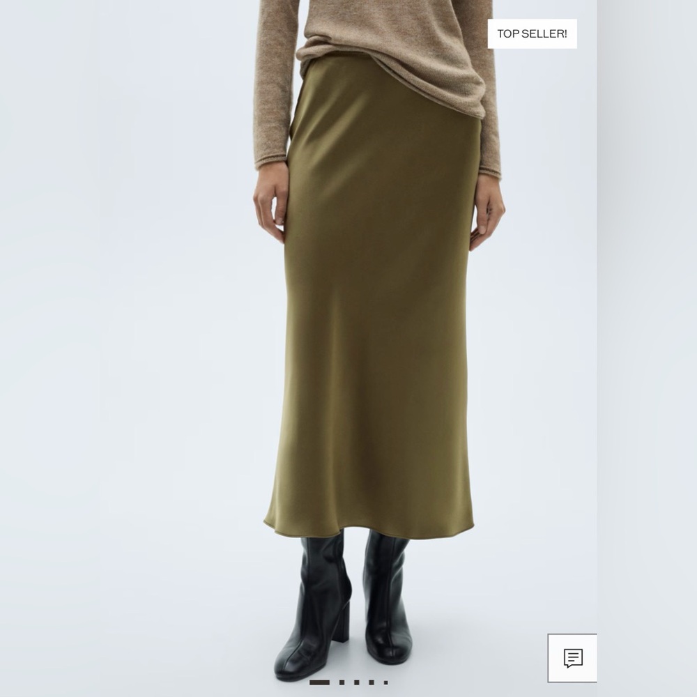 Mango Olive Satin Midi Skirt